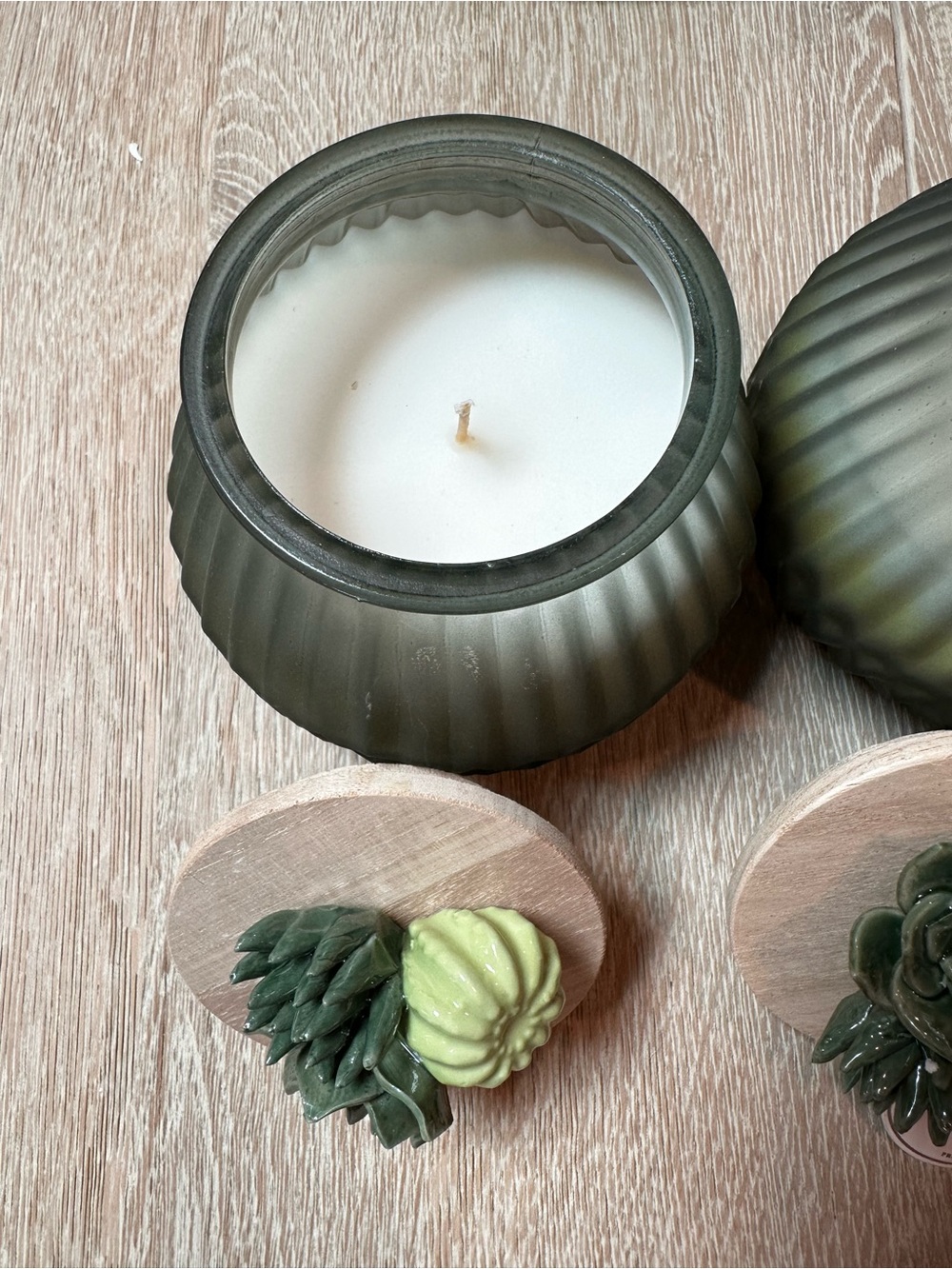 Green Ceramic Succulent Candle Jar with Wooden Lid set of 2 - Picture 10 of 11